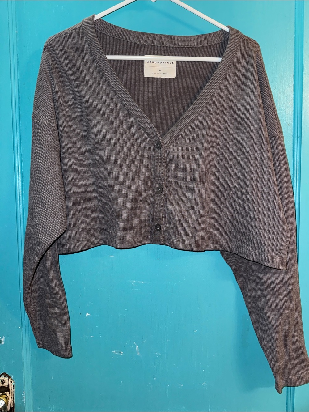 Aeropostale Waffle-Knit Button Cardigan in Charcoal